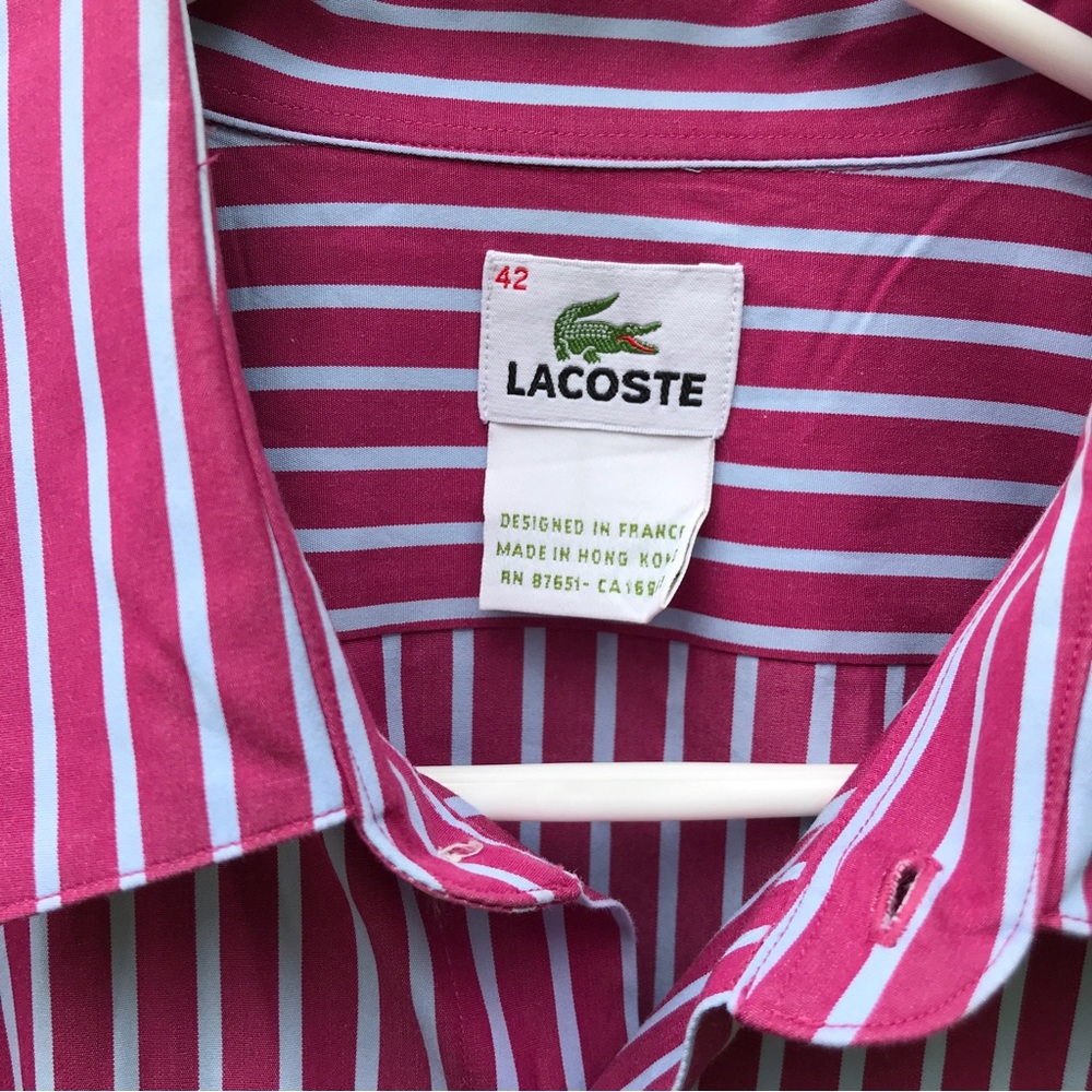 - Lacoste Dress Shirt Size 42 Pink and White Pinstriped - Picture 8 of 8